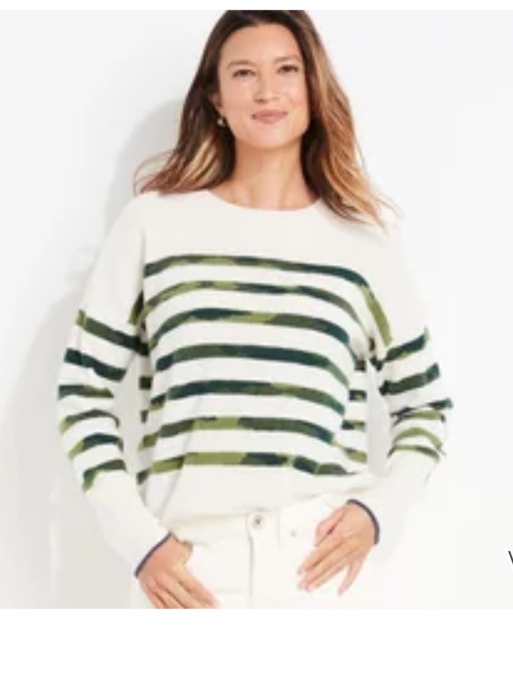 Vineyard Vines 100% Cashmere Cream Crewneck Sweater with Green Stripes